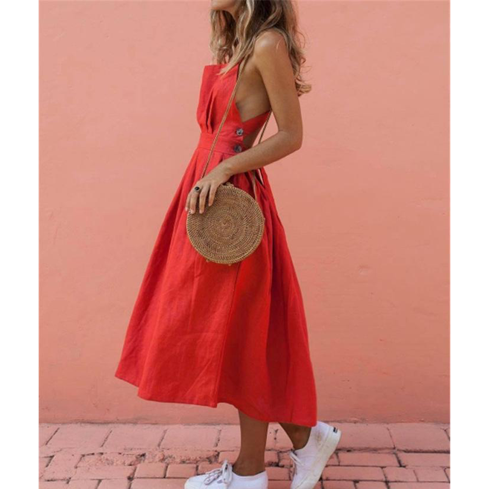 Red Women Strps Midi Length Dresses-STYLEGOING