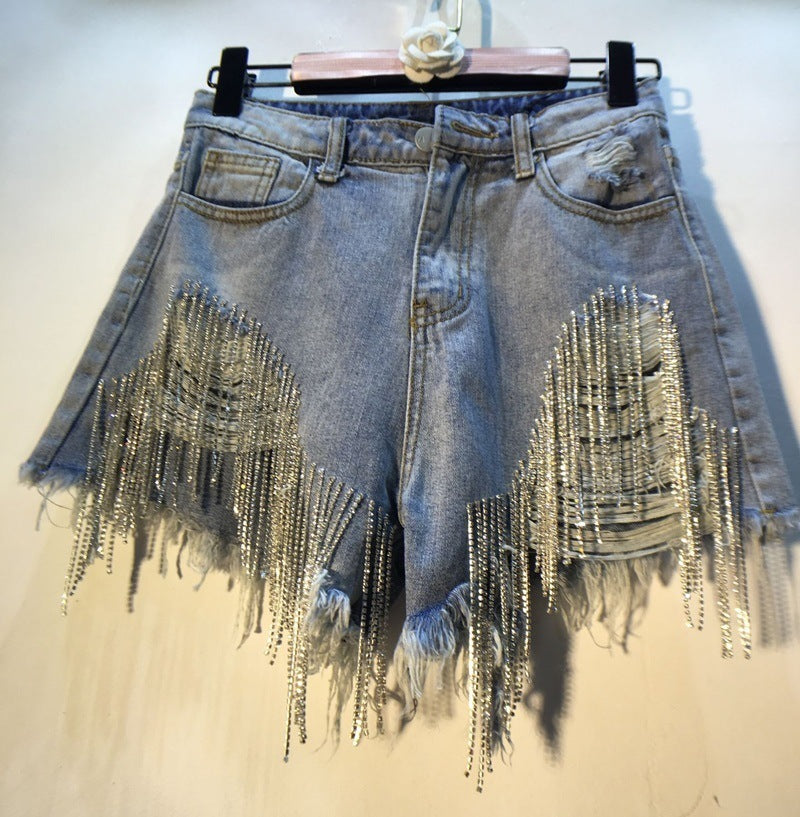 Summer High Waist Broken Holes Chains Denim Shorts