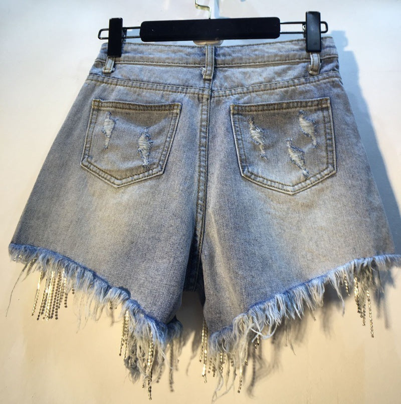 Summer High Waist Broken Holes Chains Denim Shorts