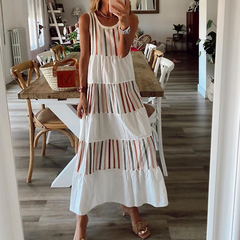 Round Sleeves Striped Long Dresses-STYLEGOING