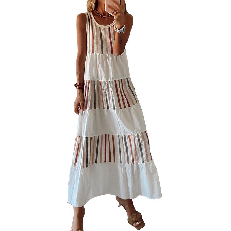Round Sleeves Striped Long Dresses-STYLEGOING