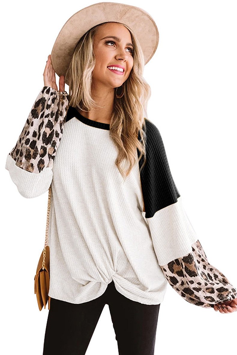 Casual Women Leopard Knitting Long Sleeves T Shirts-STYLEGOING