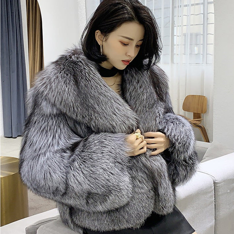 Casual Artificial Fox Fur Women Short Overcoat for Winter