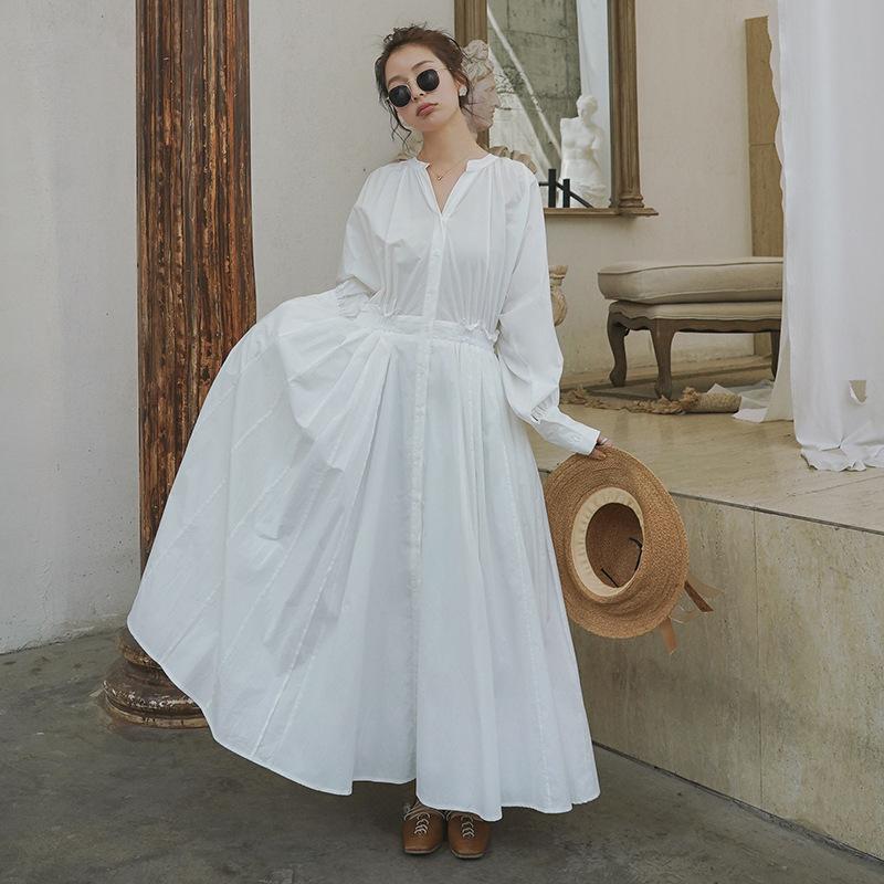White Long Sleeves Fall Long Maxi Dresses-STYLEGOING
