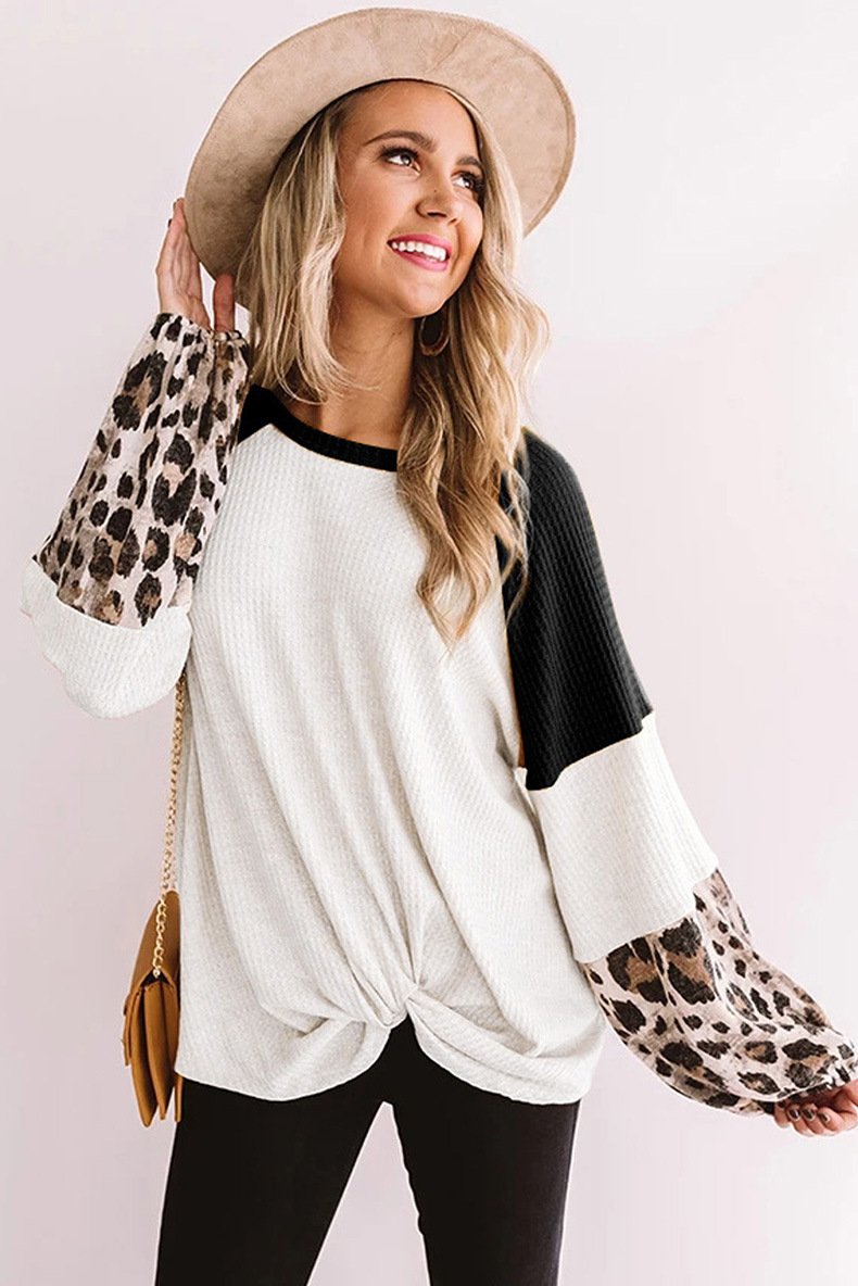 Casual Women Leopard Knitting Long Sleeves T Shirts-STYLEGOING