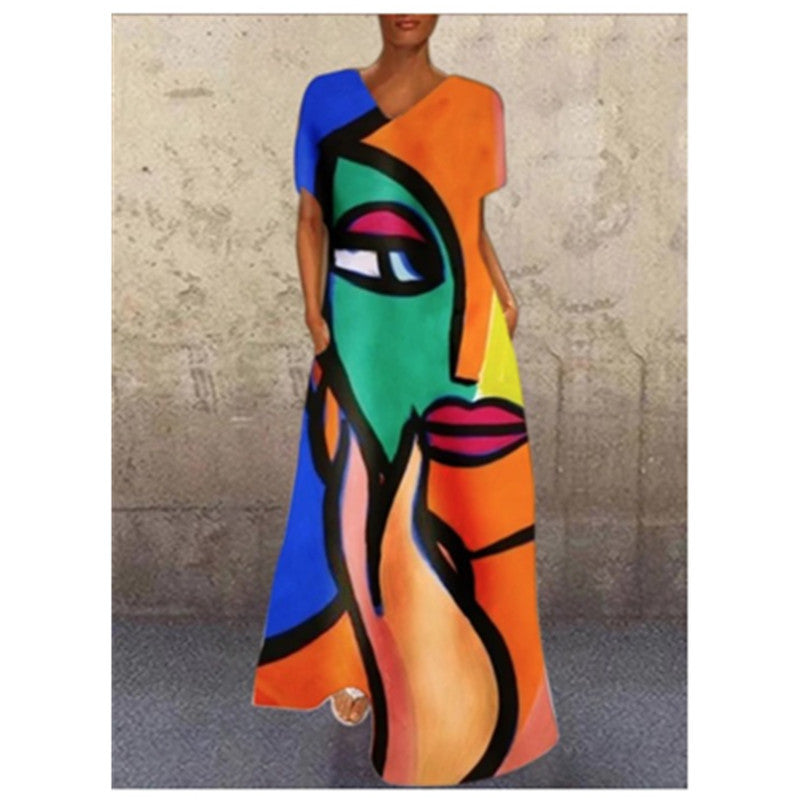 Summer Abstract Face Print Women Long Maxi Dresses