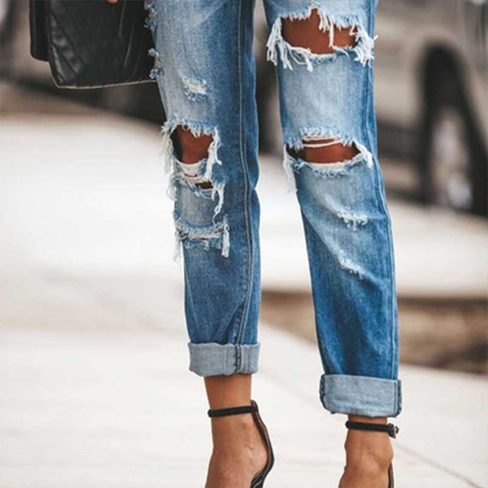 Women Broken Hole Long Jeans-STYLEGOING