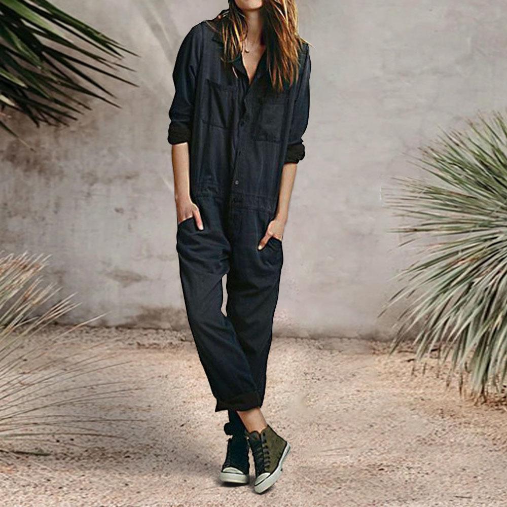 Black Cusual Fall Pocket Jumpsuits-STYLEGOING