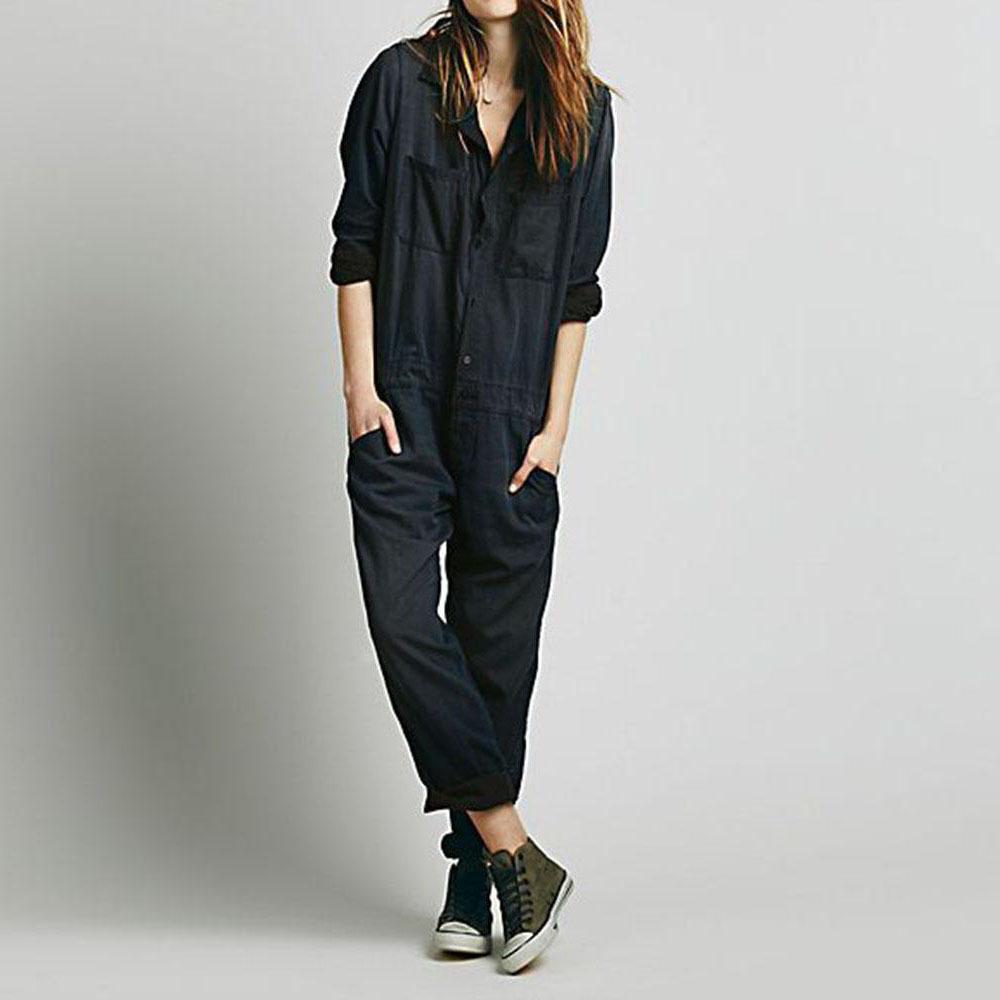 Black Cusual Fall Pocket Jumpsuits-STYLEGOING