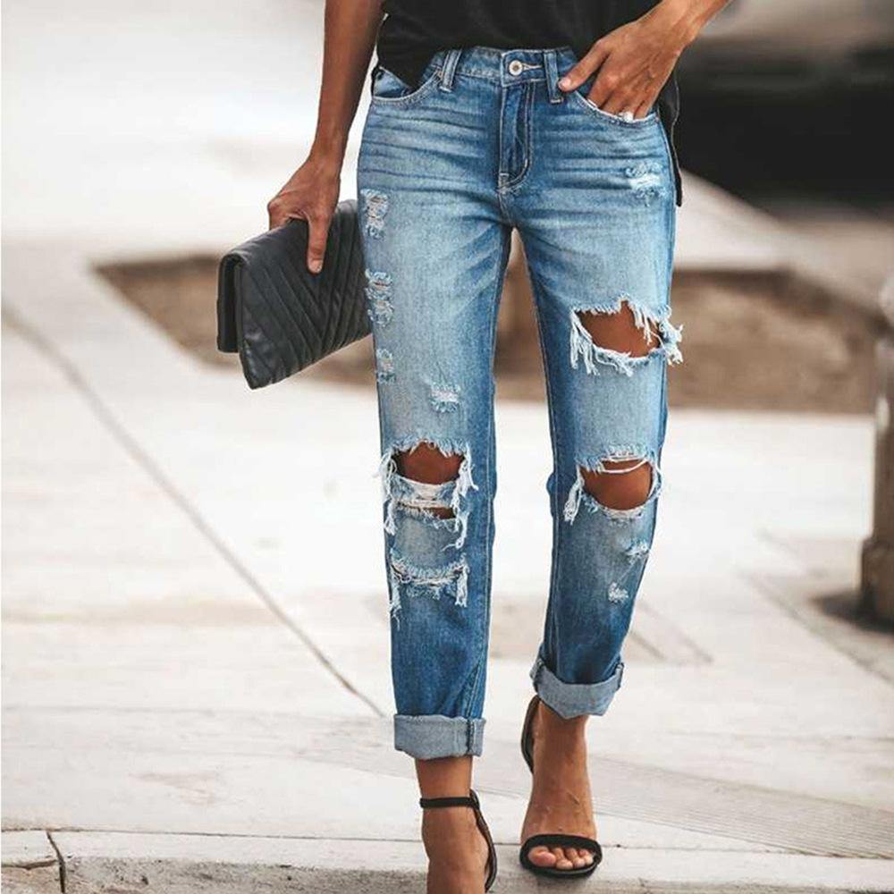 Women Broken Hole Long Jeans-STYLEGOING