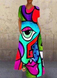 Vintage Face Cat Colorful Print Long Dresses for Women