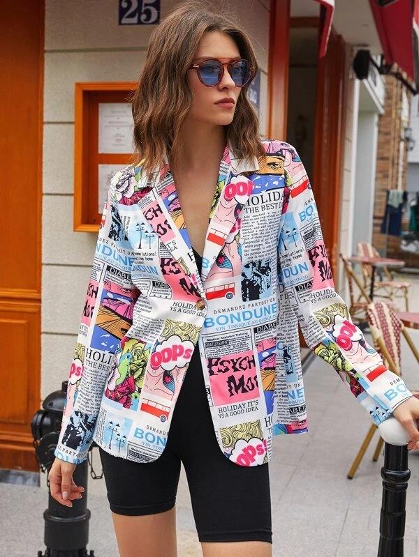 Women Selling Newspaper Print Blazers-STYLEGOING