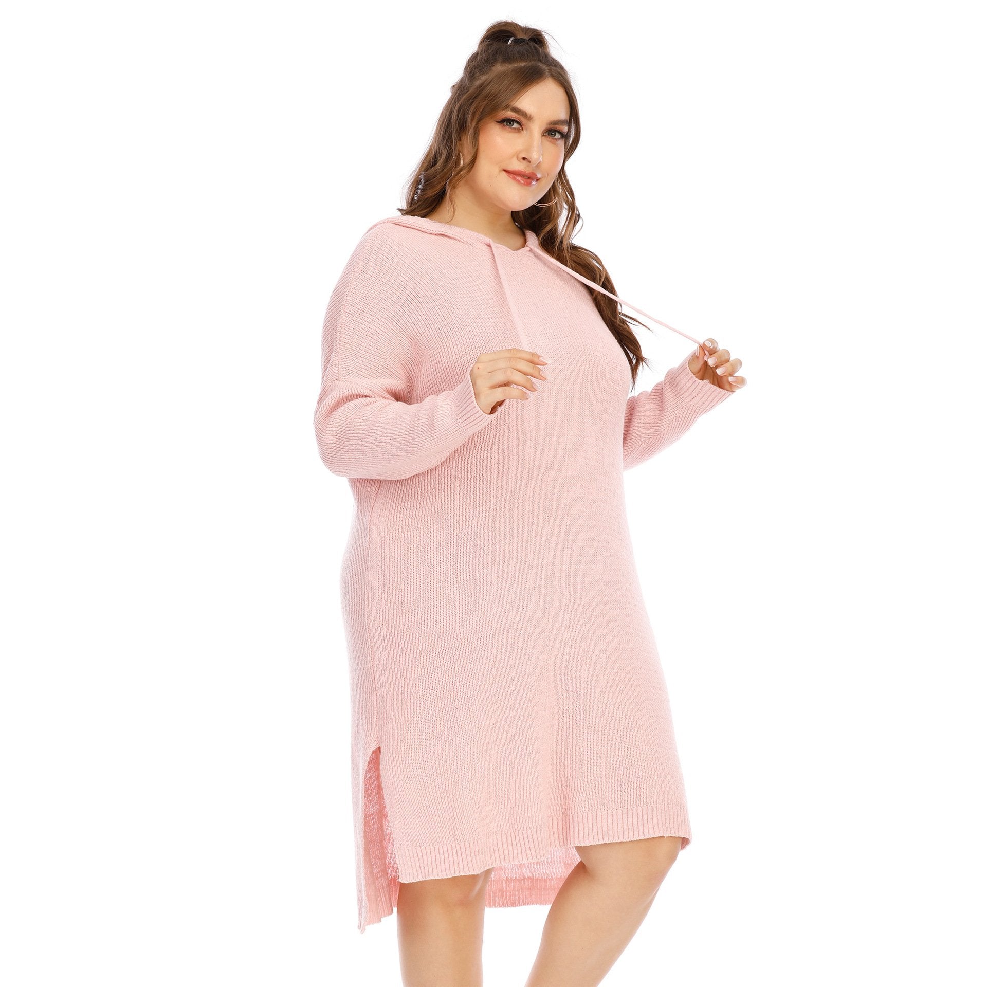 Pink Long Sleeves Plus Sizes Sweater Dress-STYLEGOING