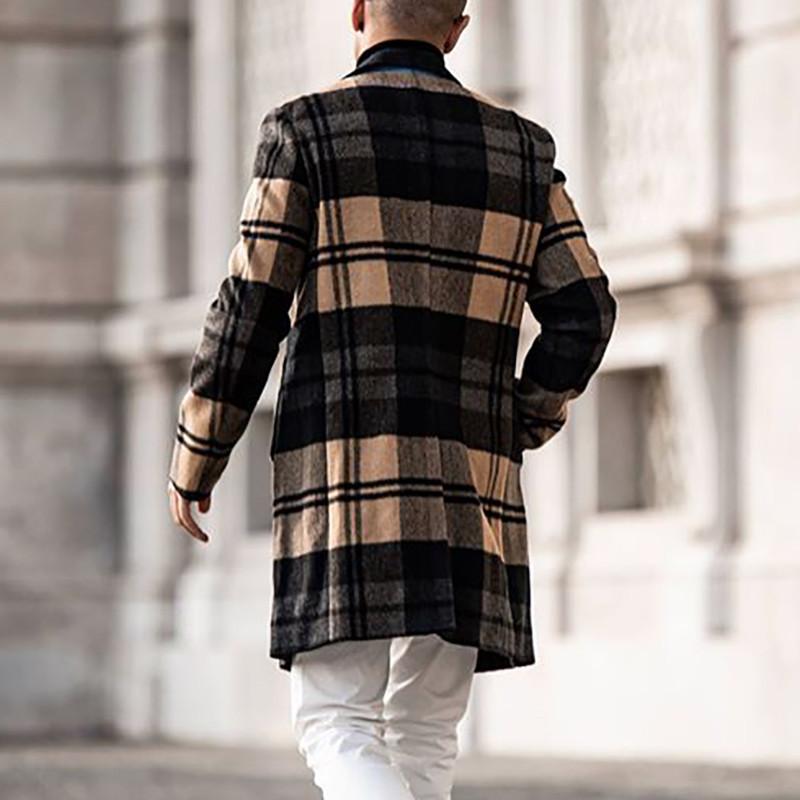 Casual Plaid Winter Men's Long Overcoat-STYLEGOING