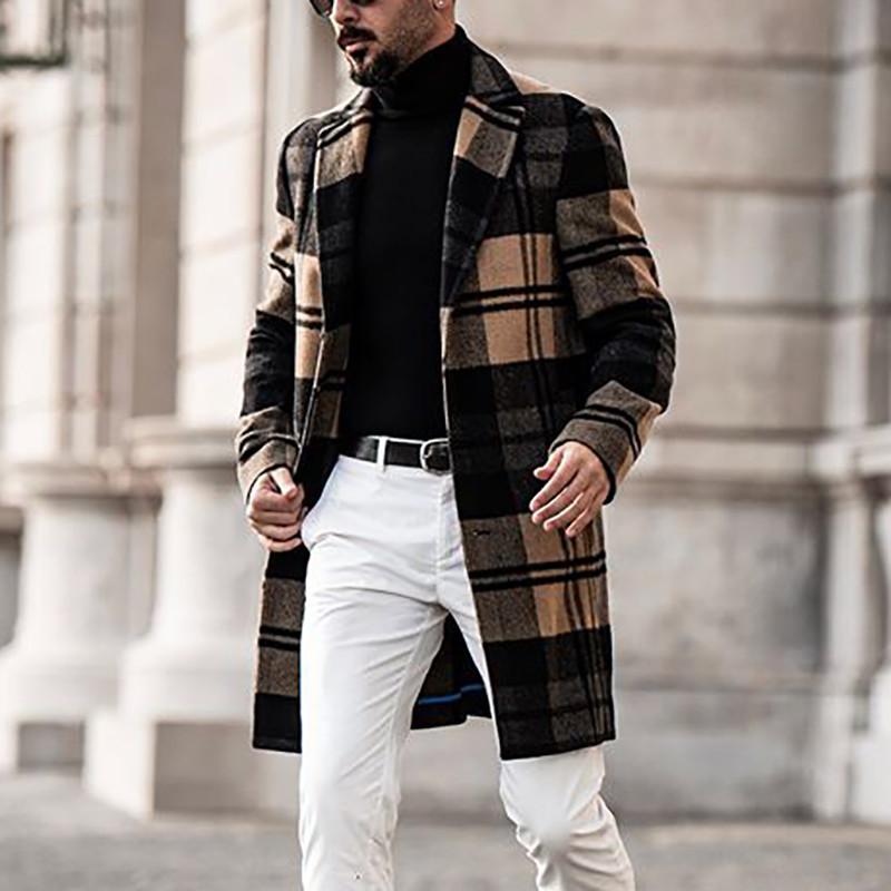 Casual Plaid Winter Men's Long Overcoat-STYLEGOING