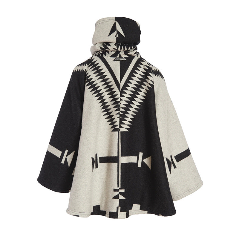 Black White Casual Women Woolen Overcoat