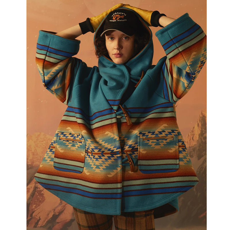 Blue Casual Women Boho Woolen Overcoat with Hat