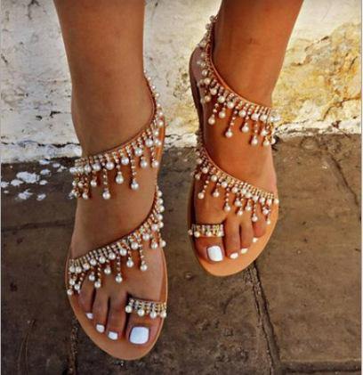 Women Pearl Summer Flat Sandals-STYLEGOING