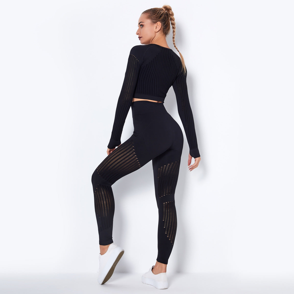 Sexy Hollow Out Long Sleeves Tops and Leggings Sets for Yoga Sporting