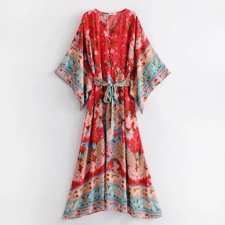 Red V-neck Bohemia Kimono Style Dresses-STYLEGOING