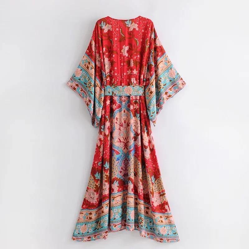 Red V-neck Bohemia Kimono Style Dresses-STYLEGOING