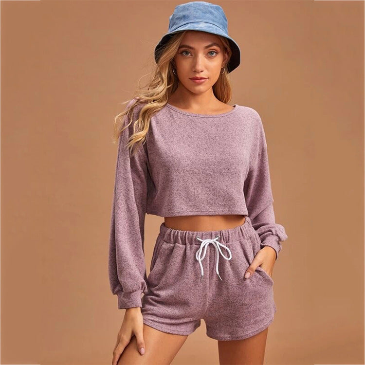 Casual Drawstring Women Long Sleeves Tops and Cropped Shorts