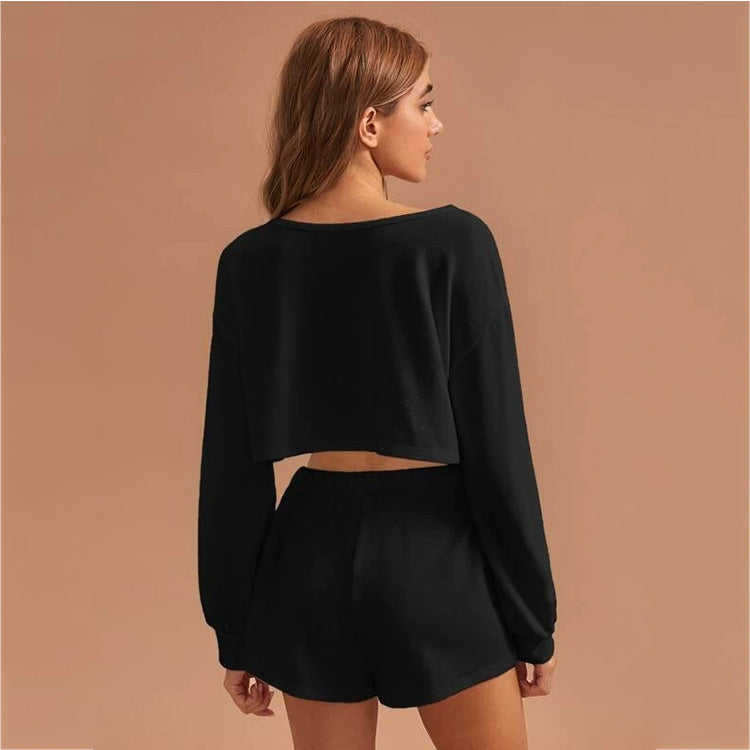 Casual Drawstring Women Long Sleeves Tops and Cropped Shorts