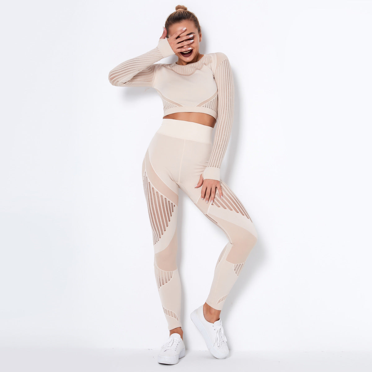 Sexy Hollow Out Long Sleeves Tops and Leggings Sets for Yoga Sporting