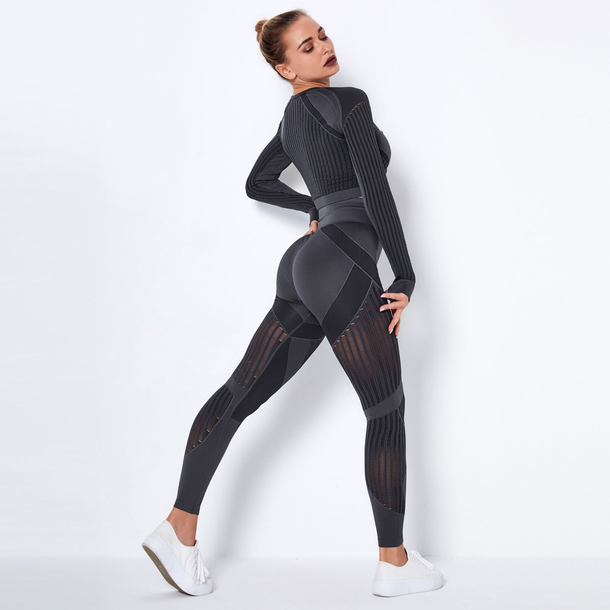 Sexy Hollow Out Long Sleeves Tops and Leggings Sets for Yoga Sporting