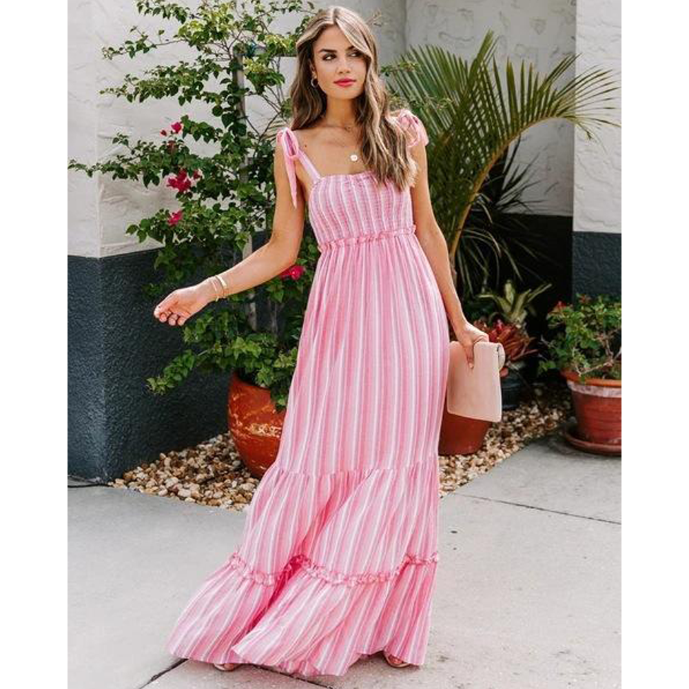 Sleeveless Straps Striped Long Dresses-STYLEGOING