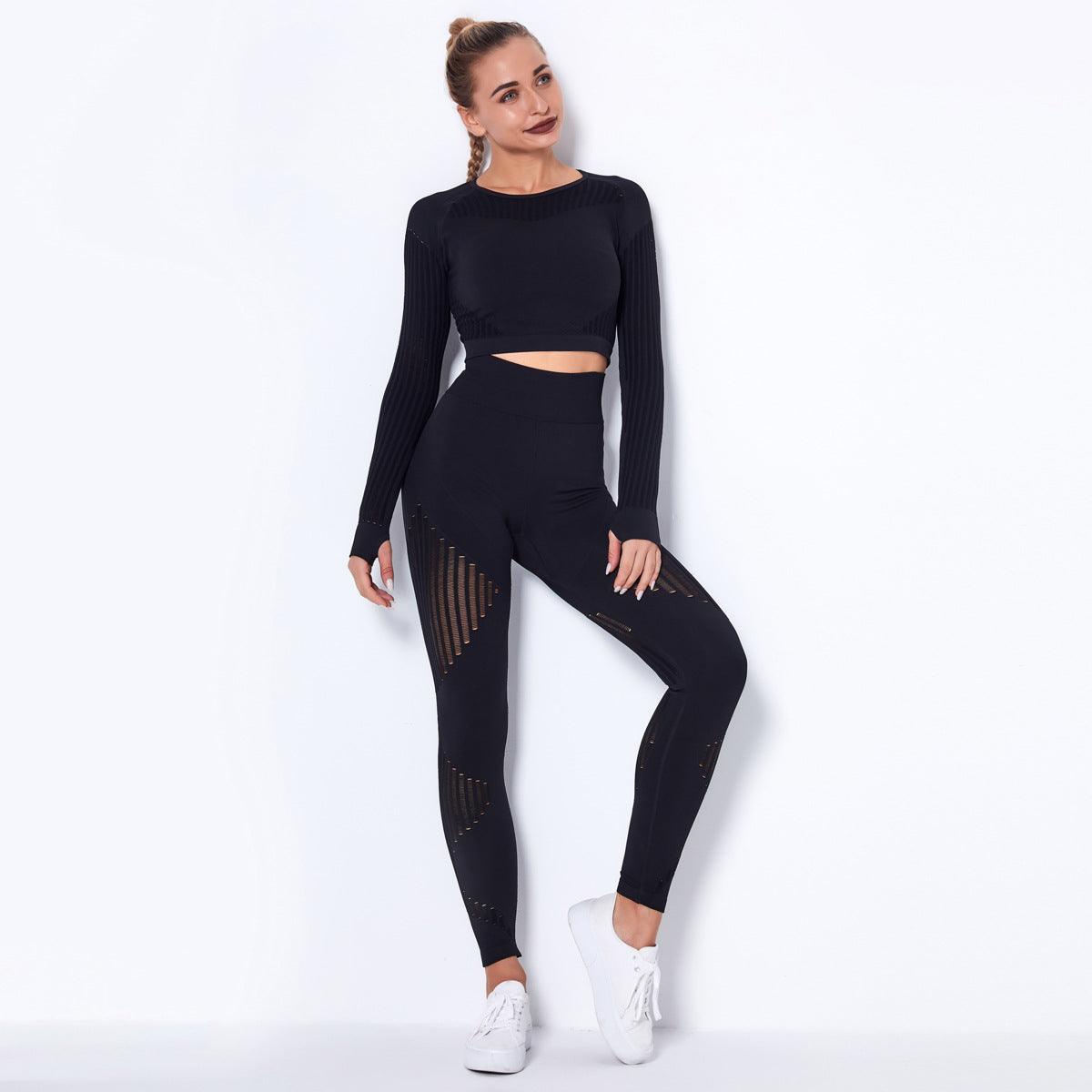 Sexy Hollow Out Long Sleeves Tops and Leggings Sets for Yoga Sporting