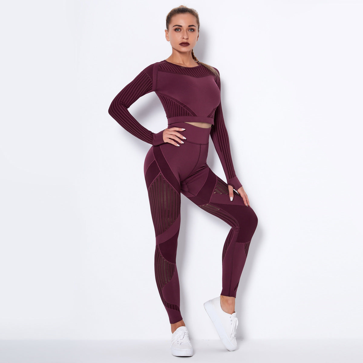 Sexy Hollow Out Long Sleeves Tops and Leggings Sets for Yoga Sporting