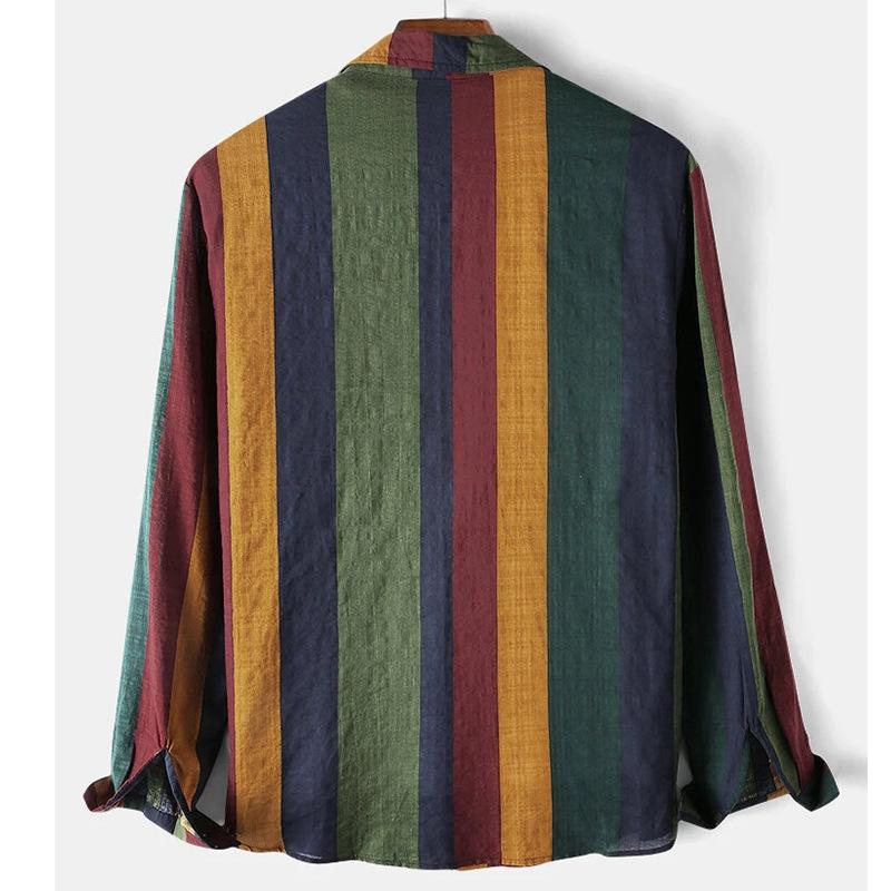 Fashion Casual Rainbow Striped Men Long Sleeves Shirts-STYLEGOING
