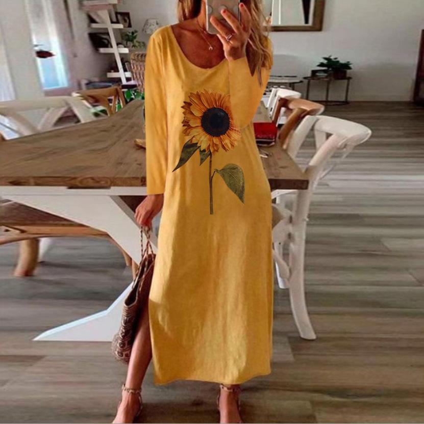 Women Sunflower Long Sleeves Dresses-STYLEGOING