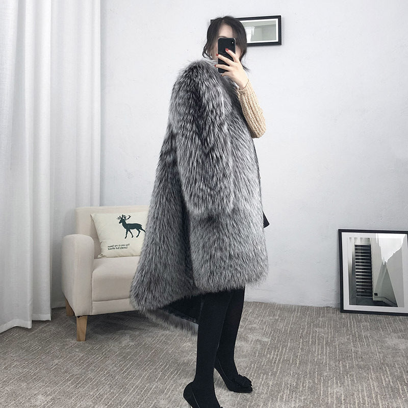 Luxury Winter Warm Artificial Fox Fur Long Overcoat for Women