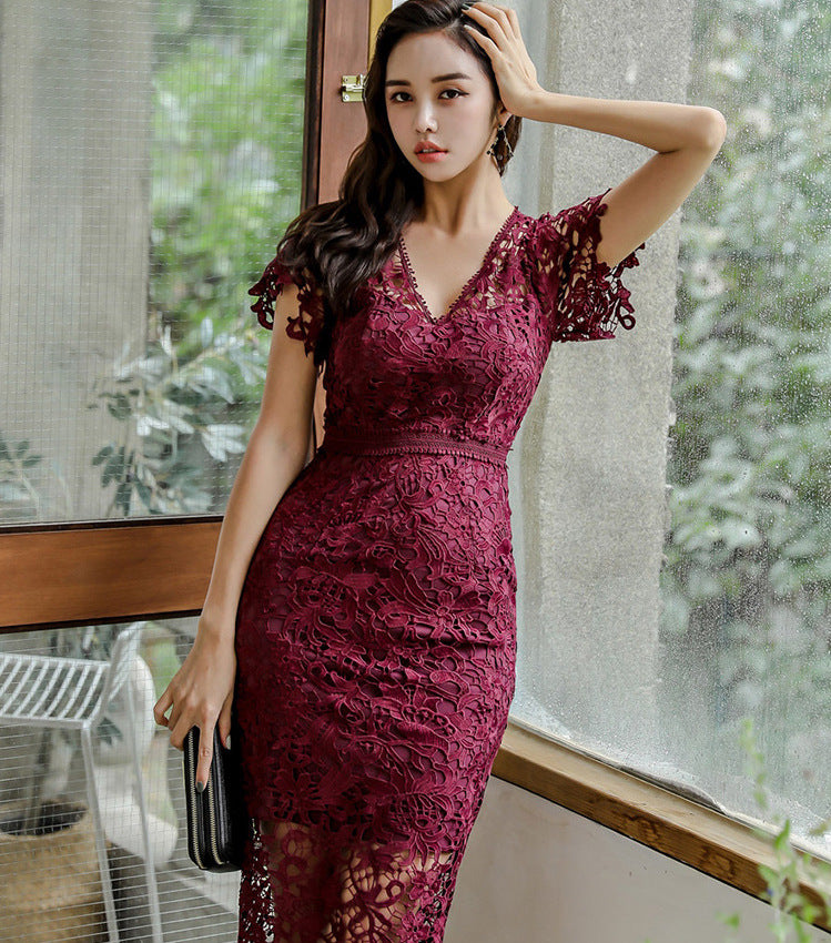 Sexy V Neck Bodycon Lace Dresses