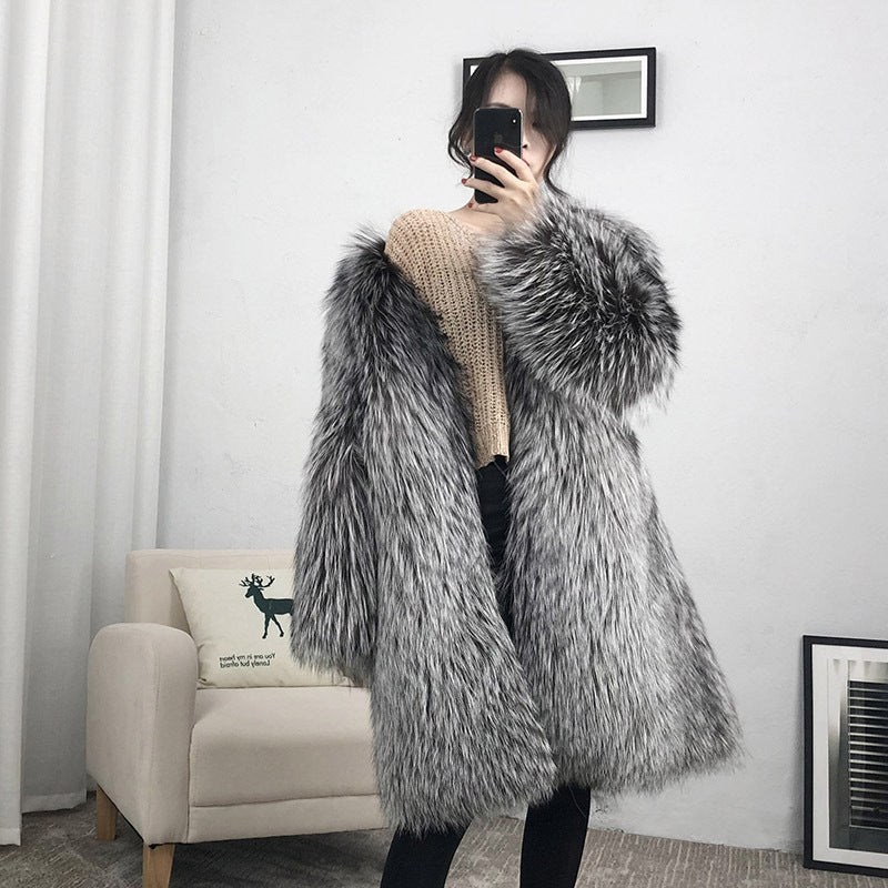 Luxury Winter Warm Artificial Fox Fur Long Overcoat for Women
