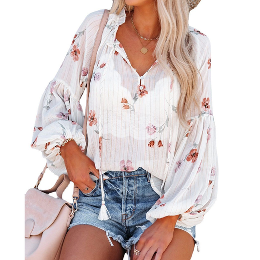 Fashion Puff Sleeves Chiffon Blouses-STYLEGOING