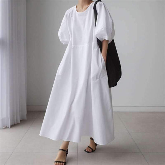 Loose Cozy Puff Sleeves Long Dresses-STYLEGOING