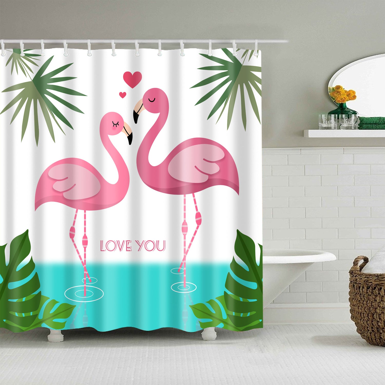 Double Pink Flamingo Print Fabric Shower Curtain-STYLEGOING