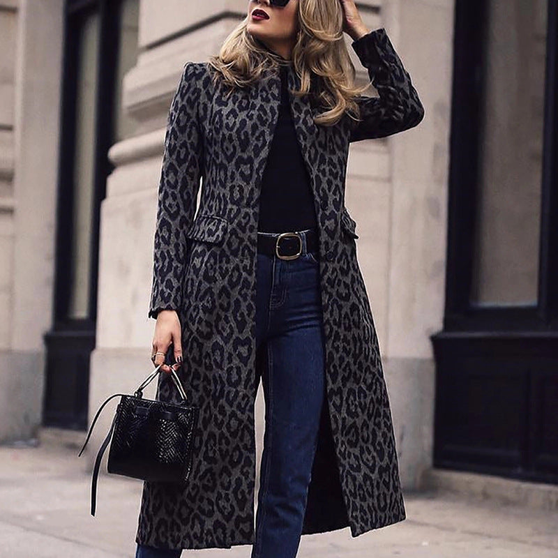 Women Black Leopard Long Coats