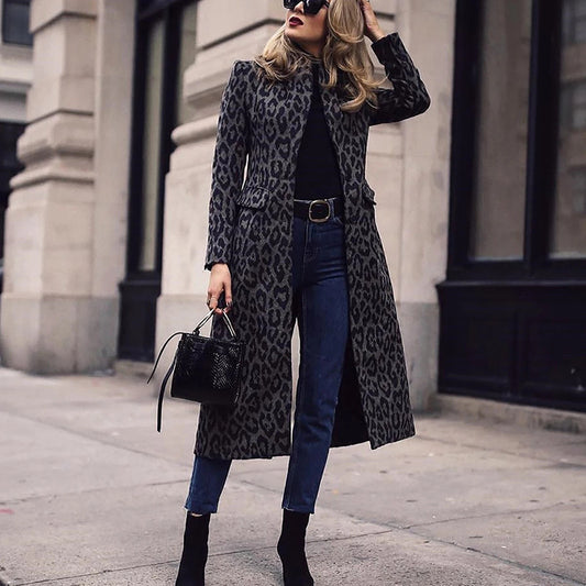 Women Black Leopard Long Coats