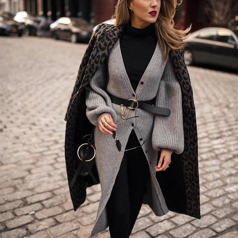 Women Black Leopard Long Coats