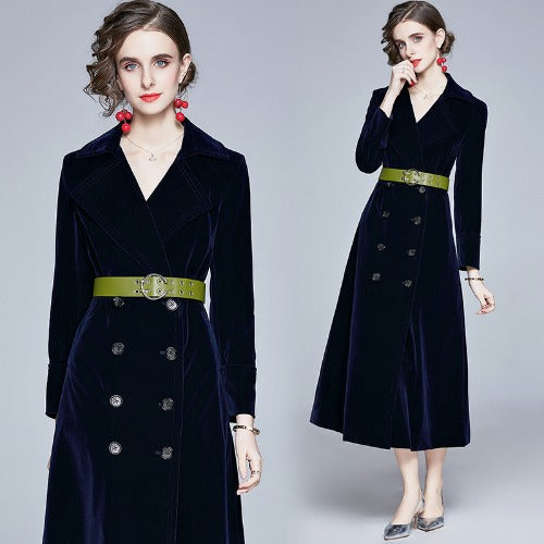 Winter Luxury Velvet Double Breasted Long Overcoat