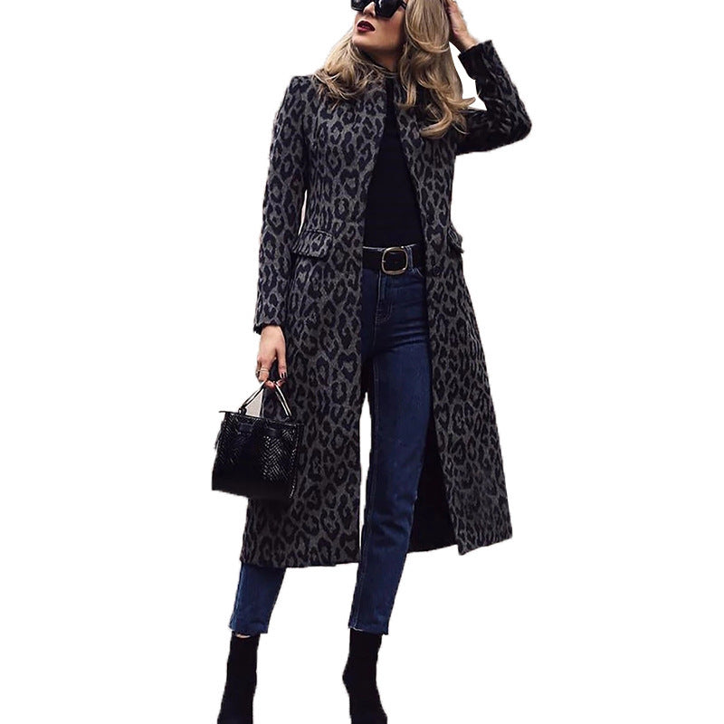 Women Black Leopard Long Coats