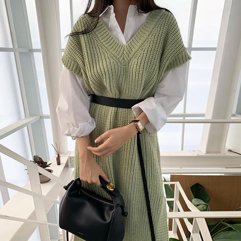 Fashion Women Long Sleeves Shirts and Knitting Vest with Belt Sets