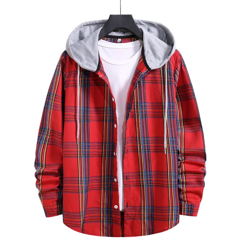 Leisure Fall Plaid Men Long Sleeves Hoodies Shirts