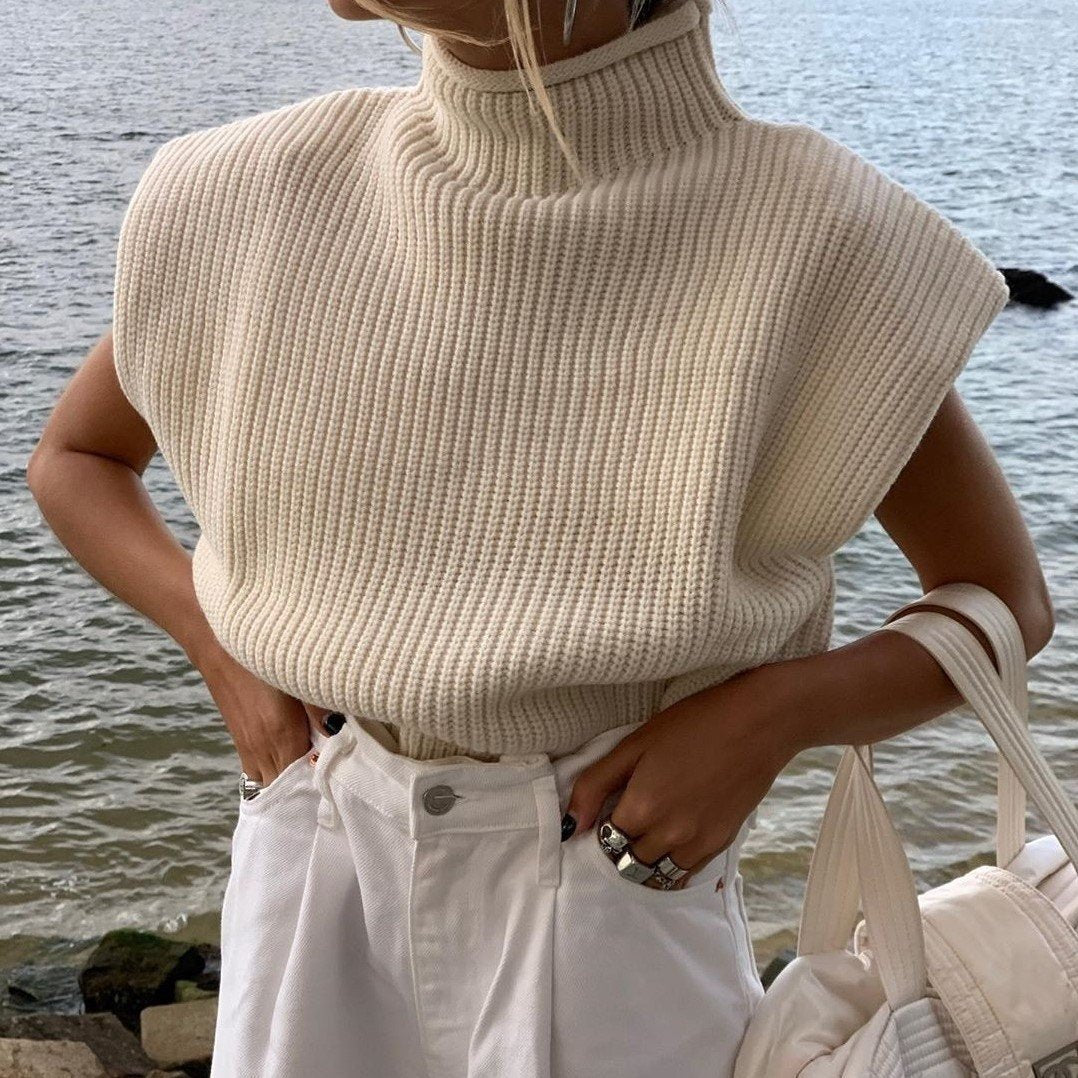 Women High Neck Sleeveless Knitting Top Sweaters