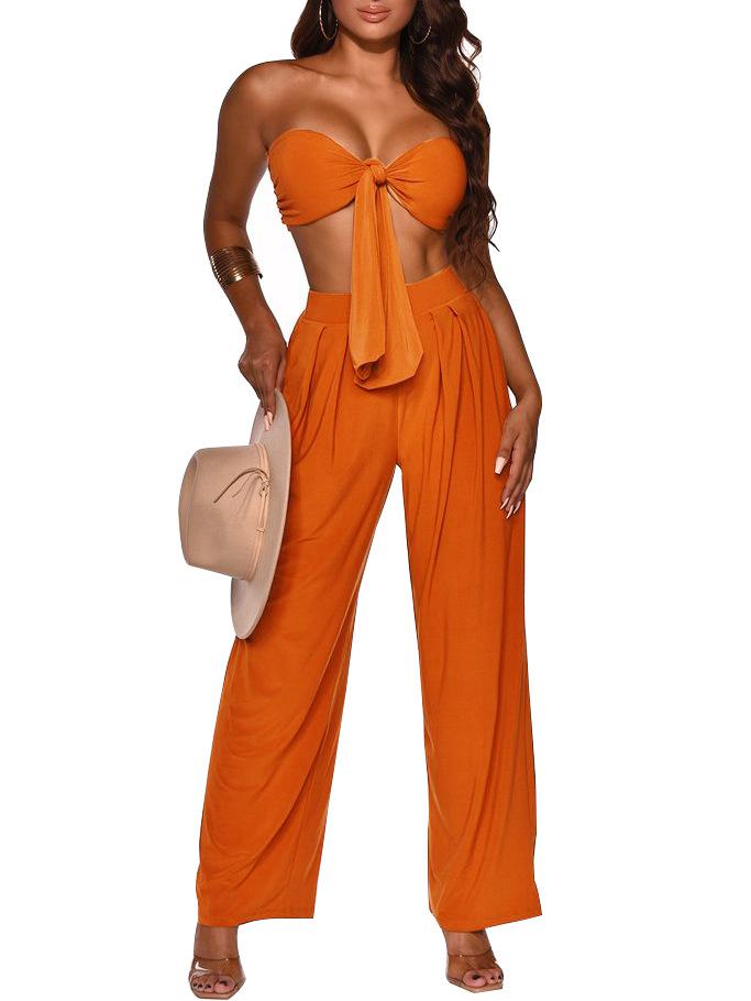 Sexy Women Strapless Tops+loose Pants Suits-STYLEGOING