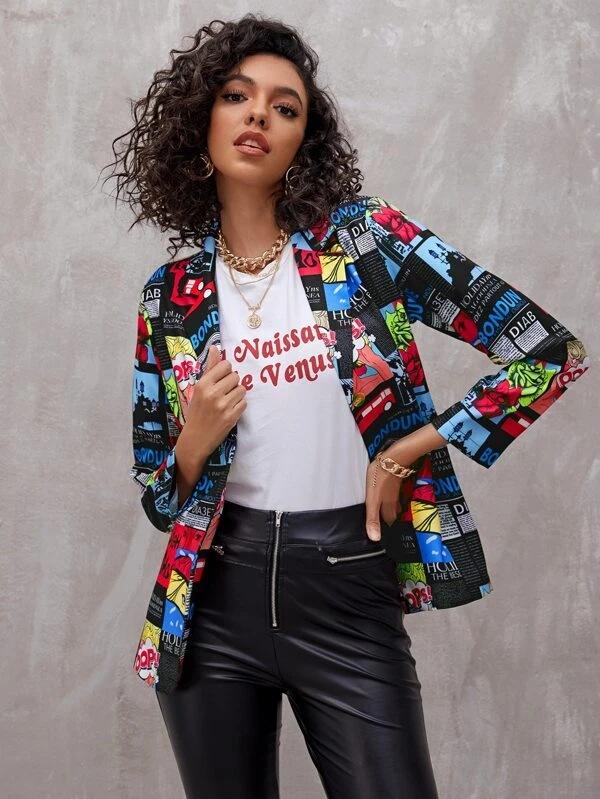 Women Selling Newspaper Print Blazers-STYLEGOING